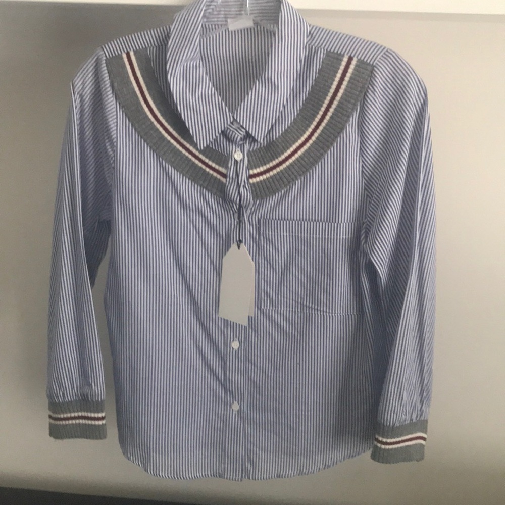 Junior button down top blue with white stripes